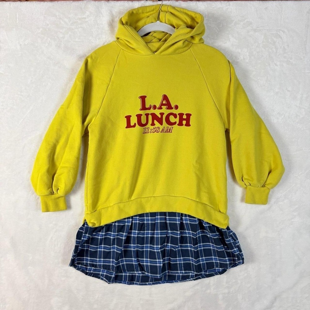 Zara Hoodie Dress Girls 10 Yellow Good L.A. Lunch Graphic Plaid Layered Hem